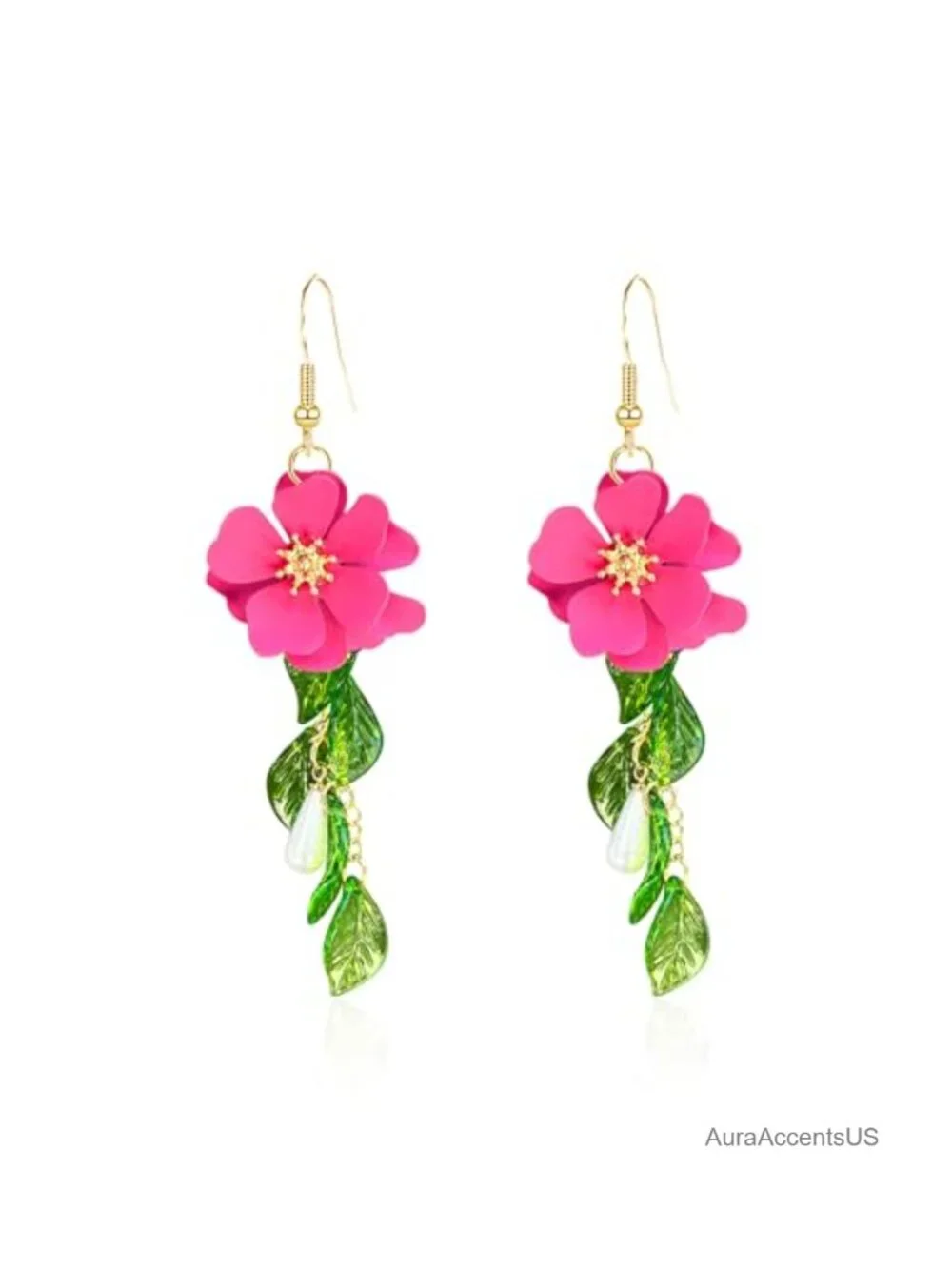 Flower Tassel Dangle Earrings Green Leaf Sakura Pearl Fairy Statement Summer